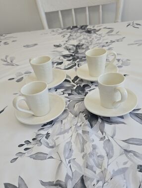 Natural Elements Set Of 4 Espresso Cups Saucers White Ceramic Embossed